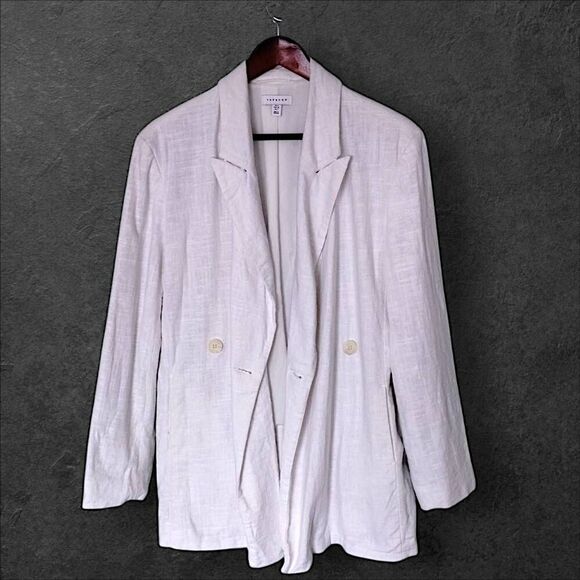 TOPSHOP Blazer Womens Sz 2 White Linen Blend‎ Double Breasted Jacket Business - Picture 3 of 9